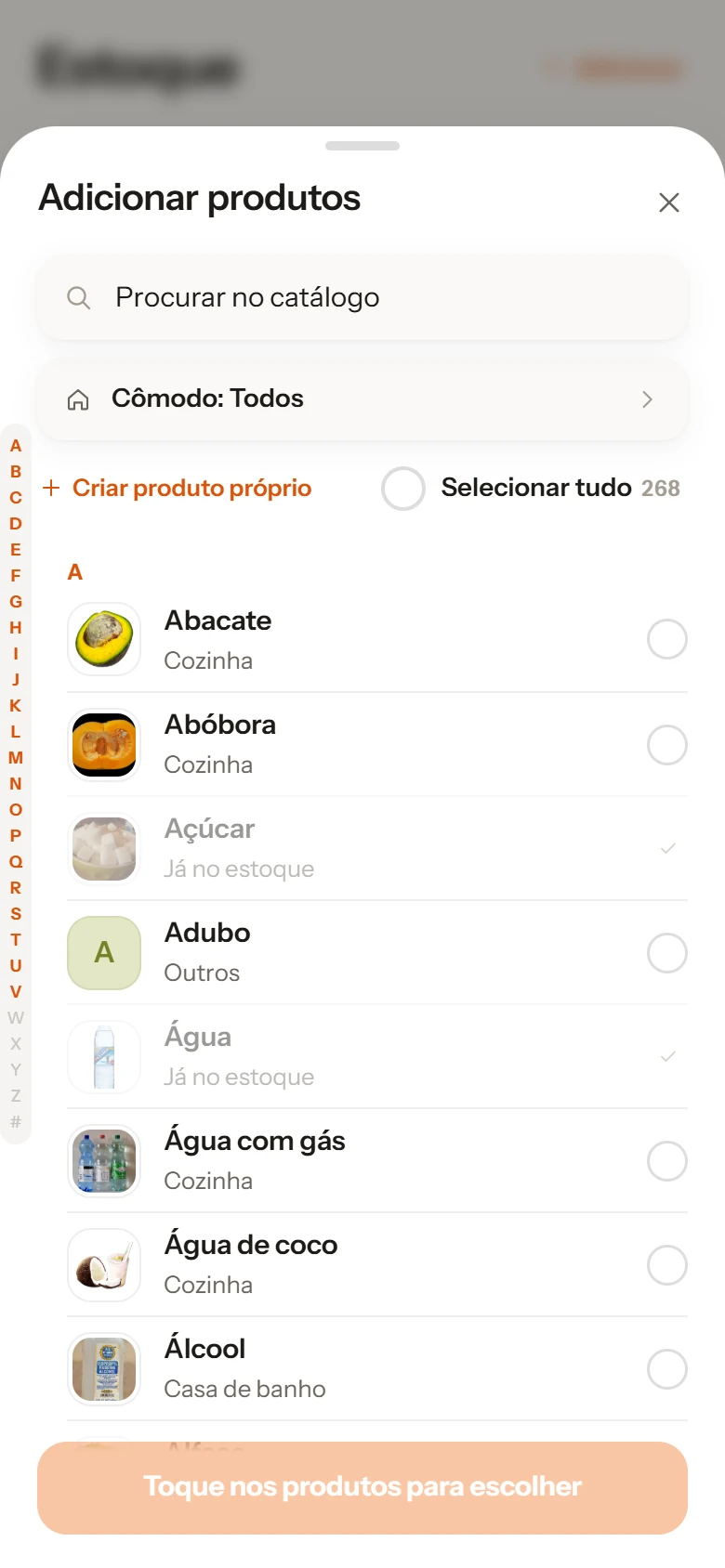 Catálogo: produtos com foto, por ordem alfabética, para juntar ao estoque