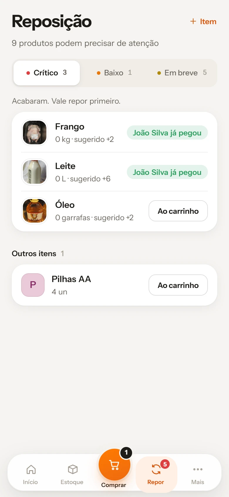 Ecrã Reposição com os produtos que acabaram primeiro e a quantidade sugerida